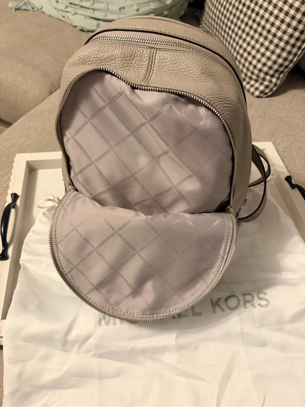 Michael Kors Pebbled Leather Rhea Backpack in Cement Gray